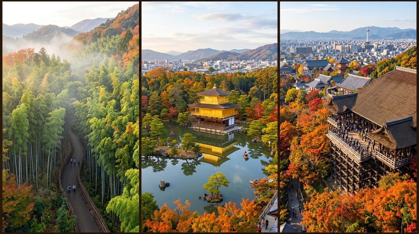 京都の代表的な世界遺産——金閣寺・嵐山・清水寺を俯瞰した構成写真