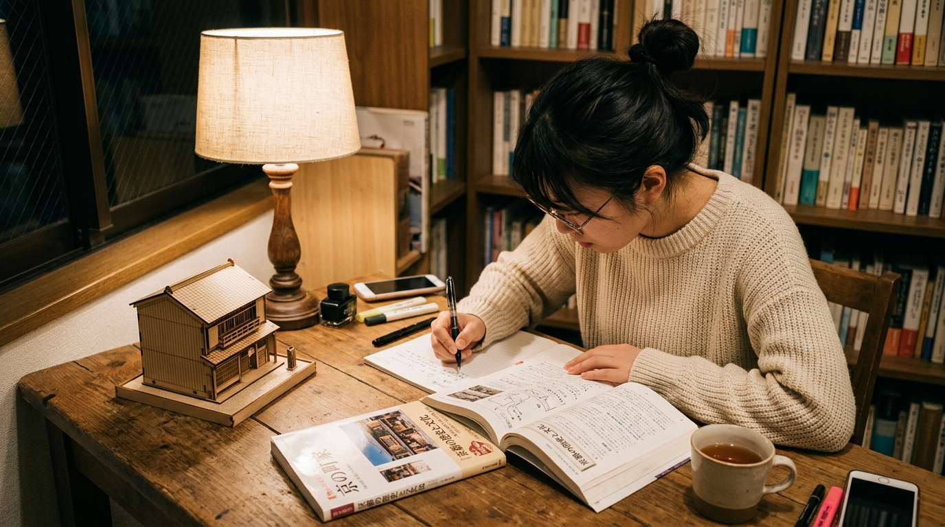 書籍と資料を広げて京都文化を学ぶ学習シーン